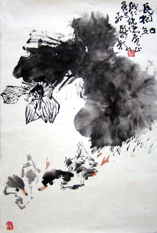 著名畫家歐陽龍國畫鴨欣賞