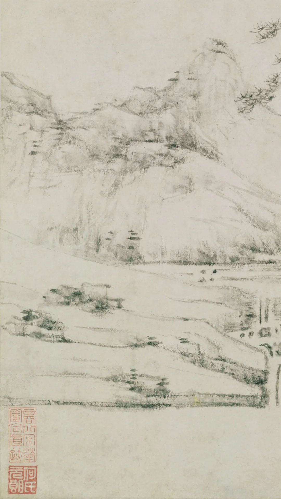 元代畫家倪瓚的山水畫《幽澗寒松圖》欣賞