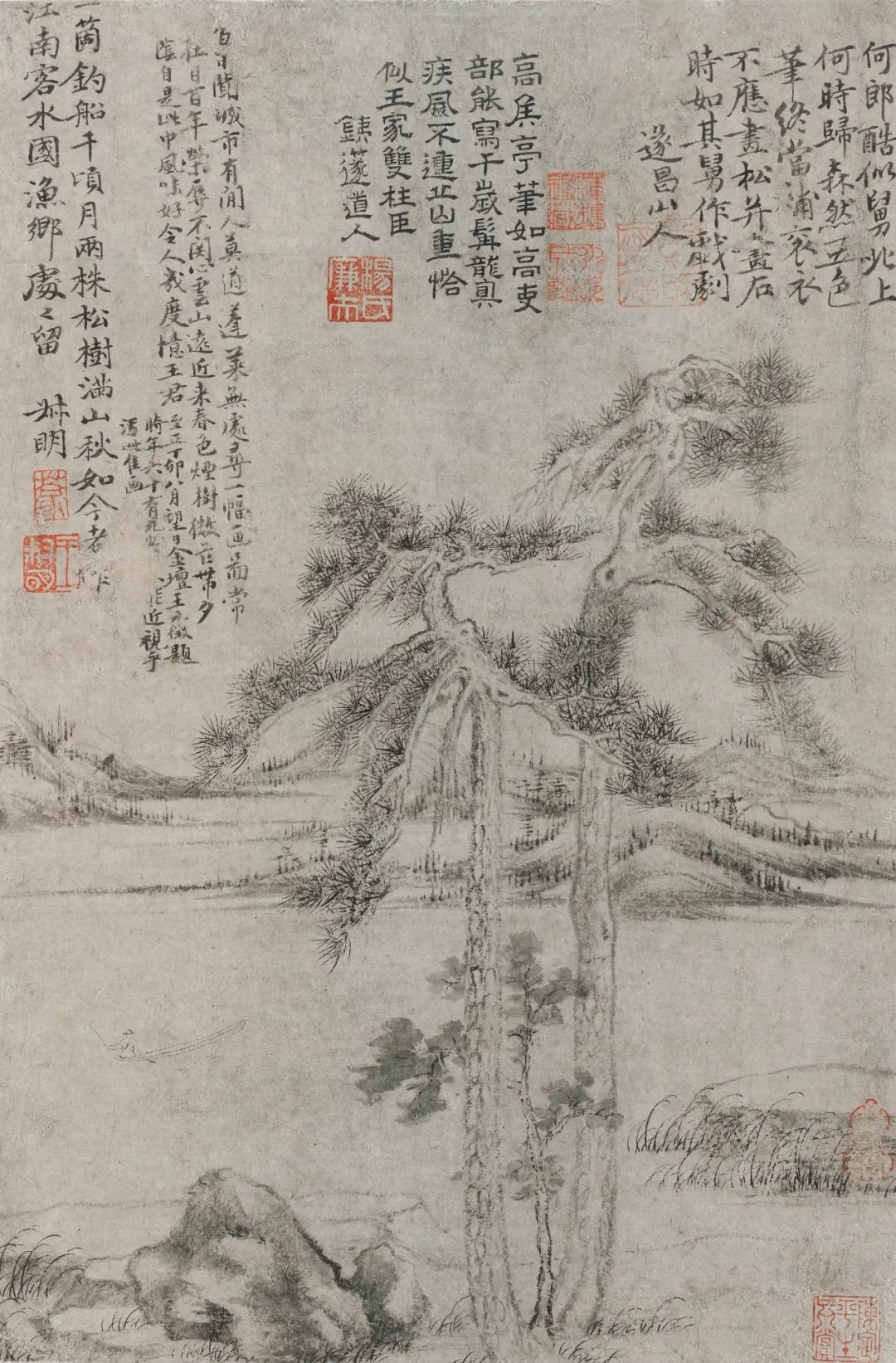 元代畫家王蒙的高清山水畫《雙松圖頁》欣賞