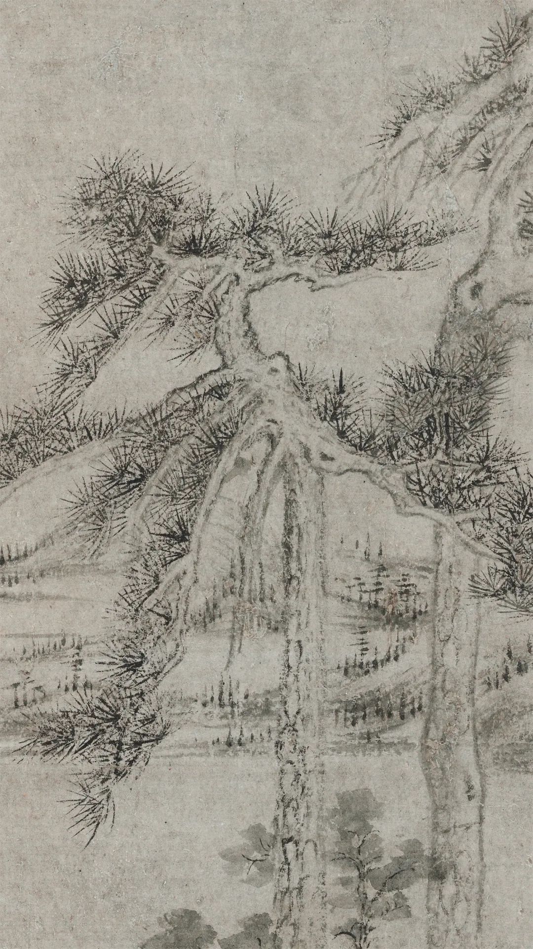 元代畫家王蒙的高清山水畫《雙松圖頁》欣賞